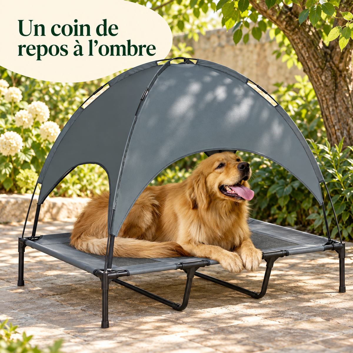 Lit de camp surélevé avec pare-soleil