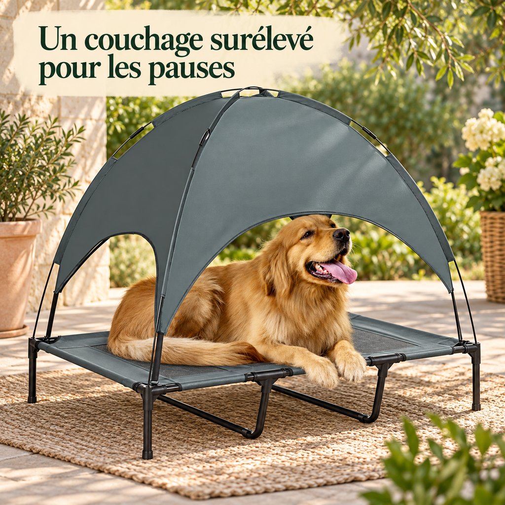 Lit de camp surélevé avec pare-soleil