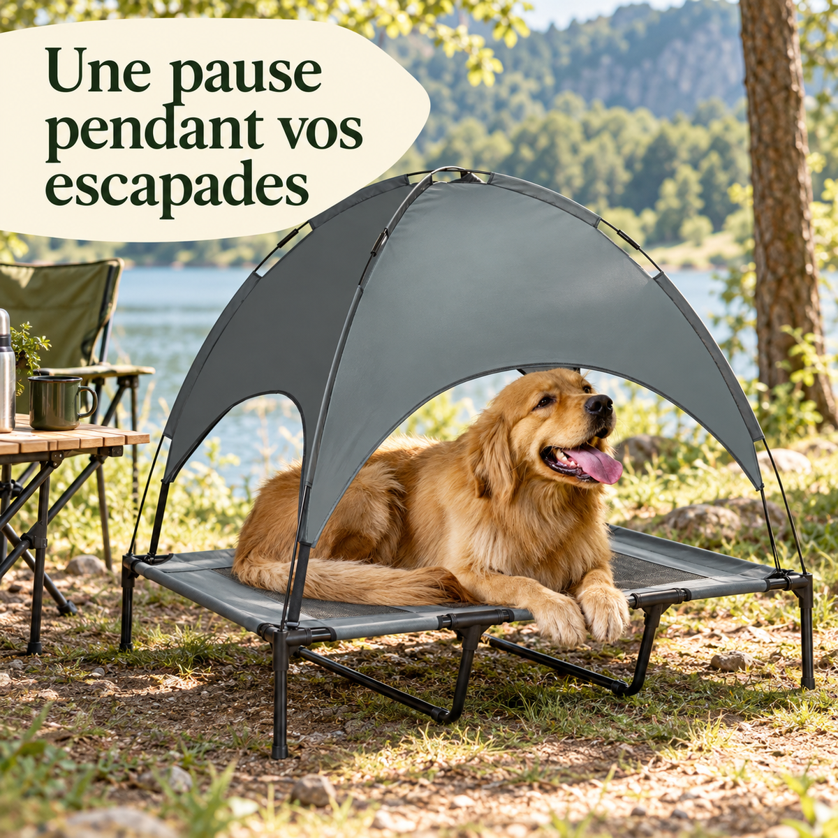 Lit de camp surélevé avec pare-soleil