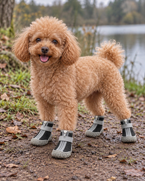 Chaussures en peluche pour chien, Gris clair — en situation. Taille présentée : 2 (intérieur 3,3 × 4 cm, gabarit indicatif).