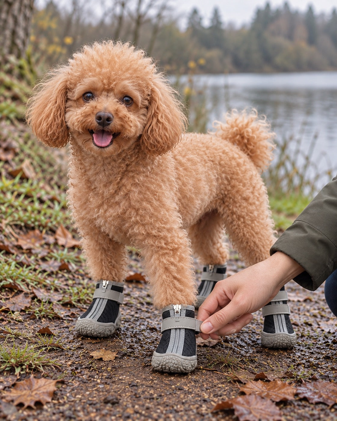 Chaussures en peluche pour chien, Gris clair — moment de vie. Taille présentée : 2 (intérieur 3,3 × 4 cm, gabarit indicatif).