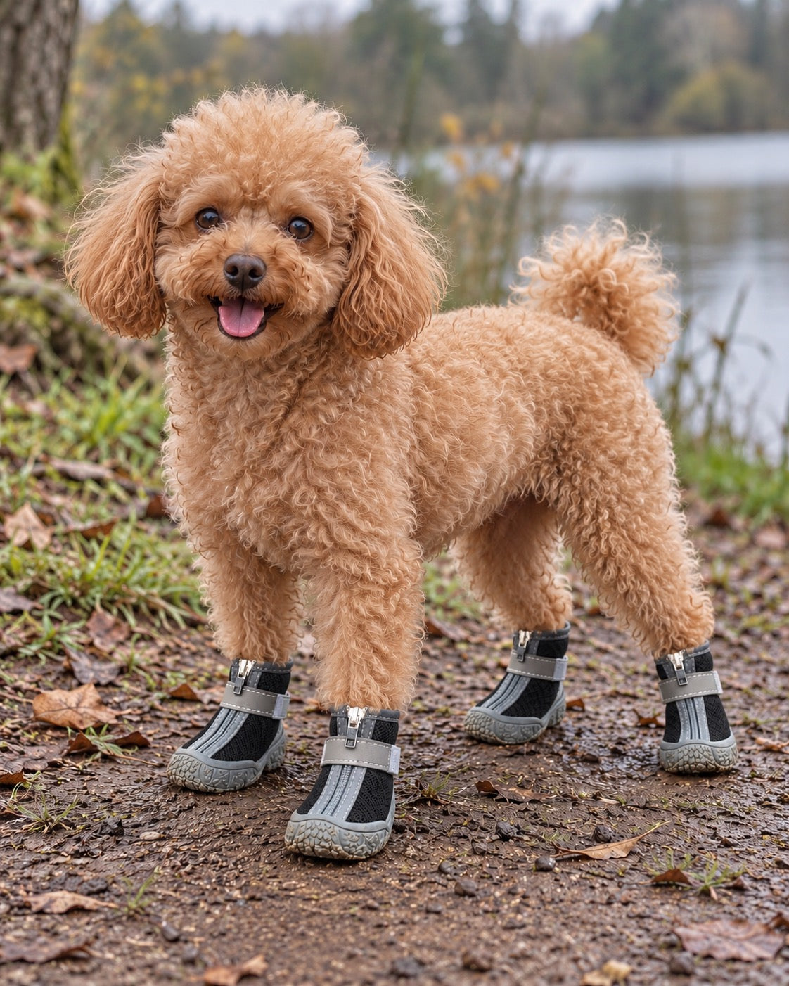 Chaussures en peluche pour chien, Gris clair — vue d’ensemble. Taille présentée : 2 (intérieur 3,3 × 4 cm, gabarit indicatif).