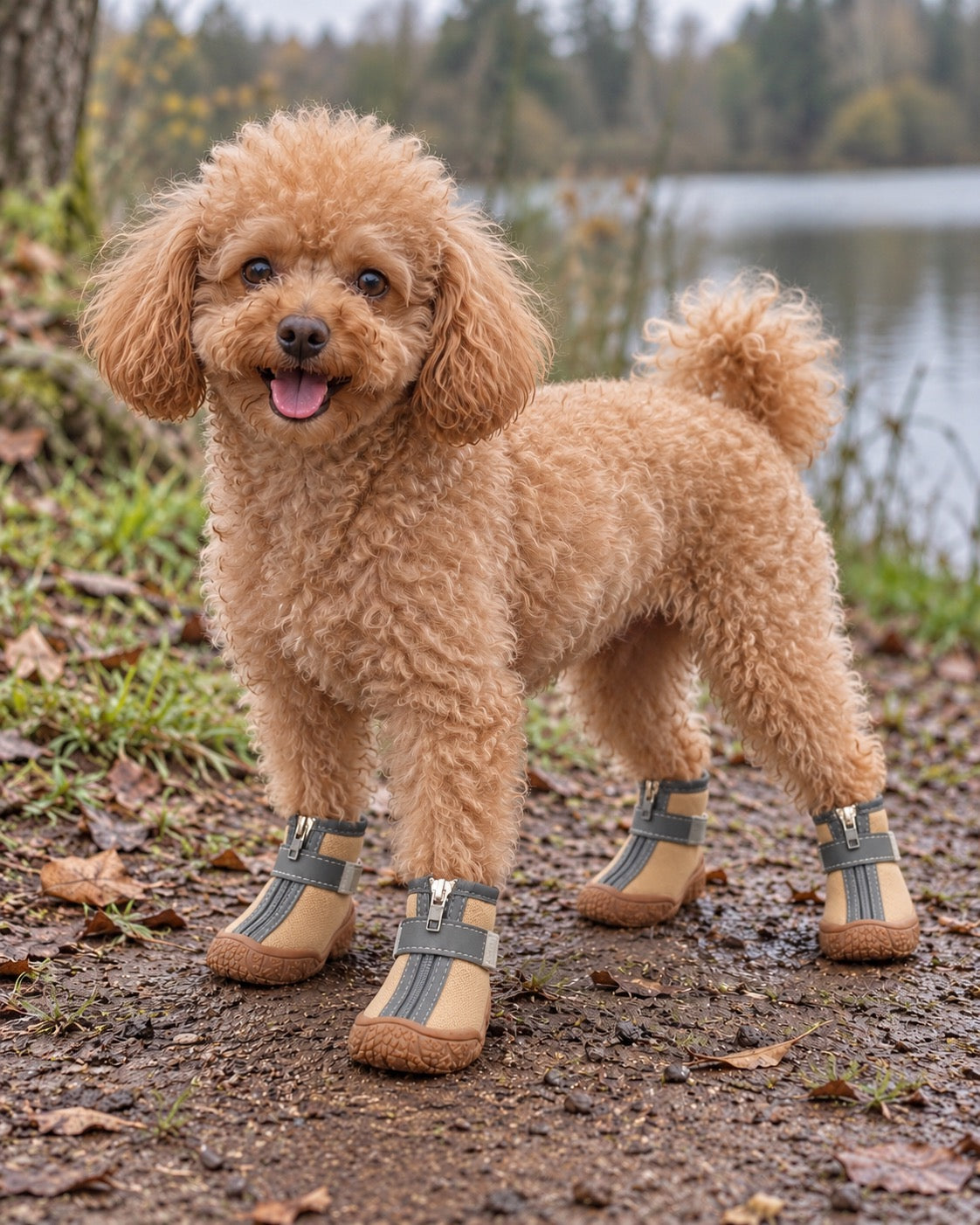 Chaussures en peluche pour chien, Jaune — en situation. Taille présentée : 2 (intérieur 3,3 × 4 cm, gabarit indicatif).