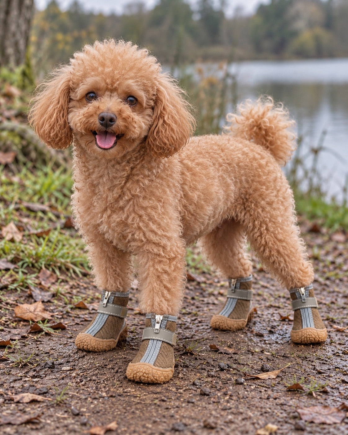 Chaussures en peluche pour chien, Jaune terre — en situation. Taille présentée : 2 (intérieur 3,3 × 4 cm, gabarit indicatif).