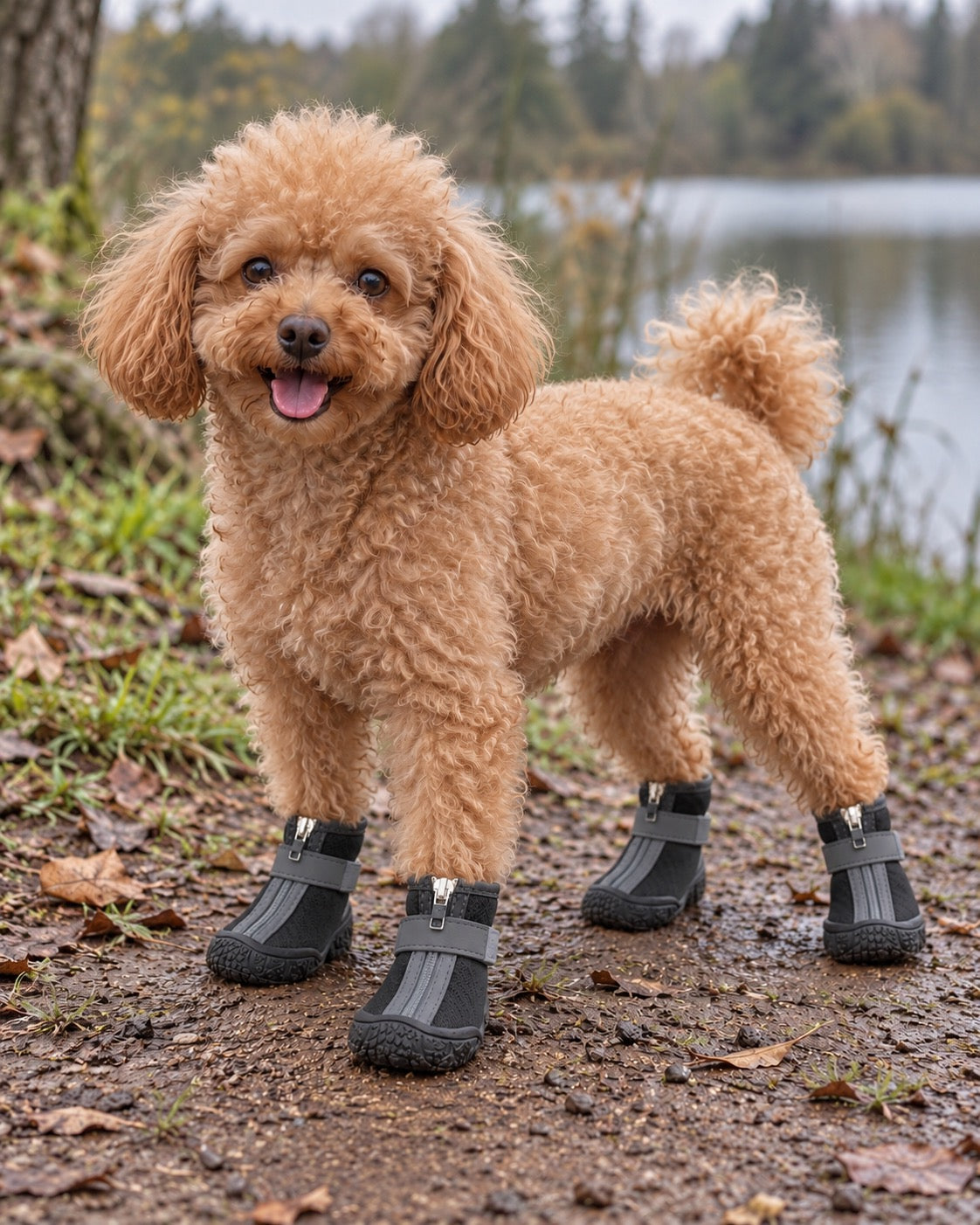 Chaussures en peluche pour chien, Noir — en situation. Taille présentée : 2 (intérieur 3,3 × 4 cm, gabarit indicatif).
