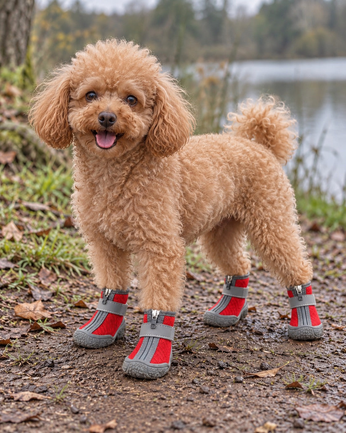 Chaussures en peluche pour chien, Rouge — en situation. Taille présentée : 2 (intérieur 3,3 × 4 cm, gabarit indicatif).