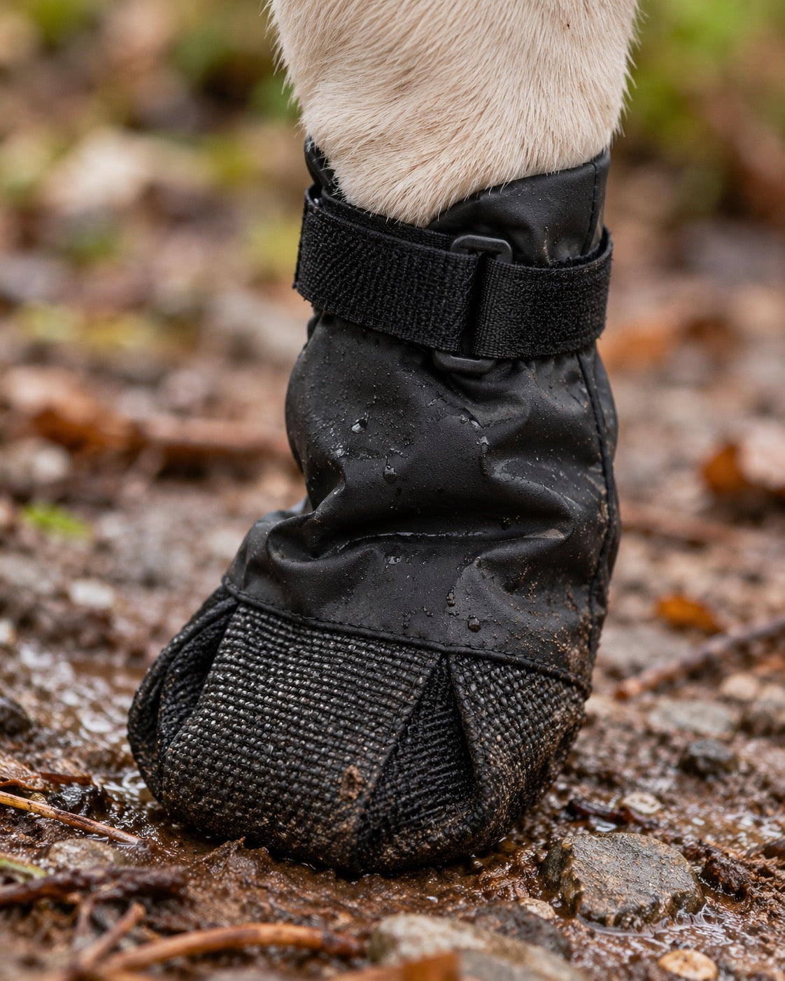 Bottes imperméables pour chien, Noir — détails et finitions. Taille présentée : S (gabarit indicatif).