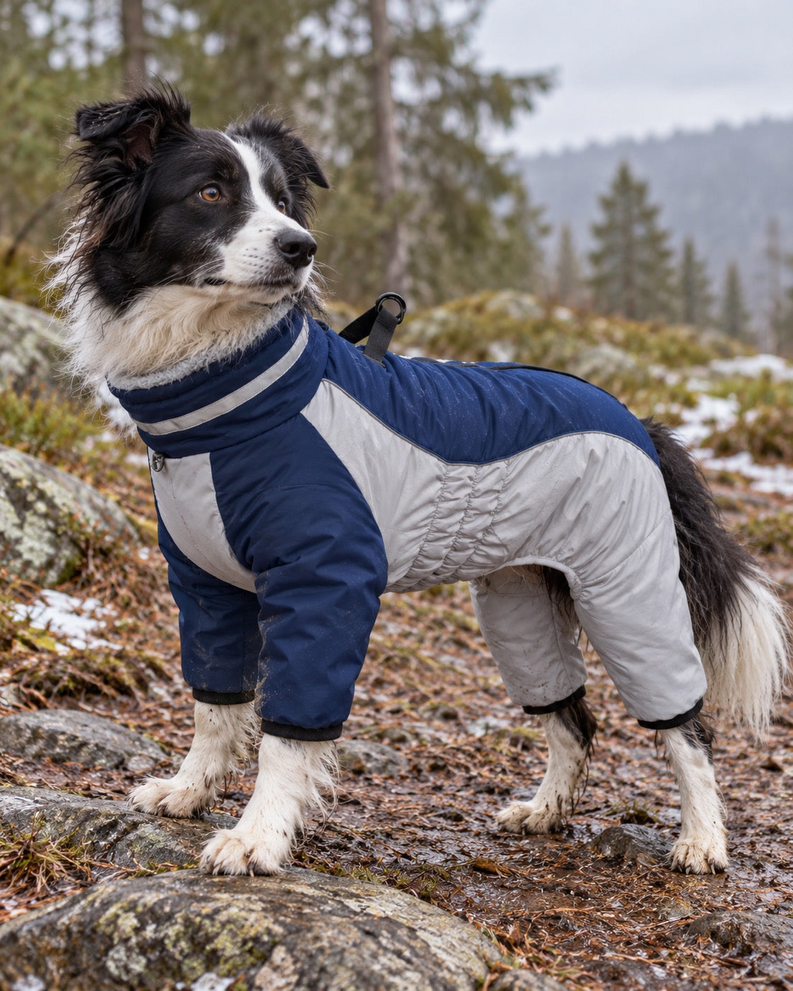Combinaison polaire montagne pour chien avec harnais, Bleu marine — en situation