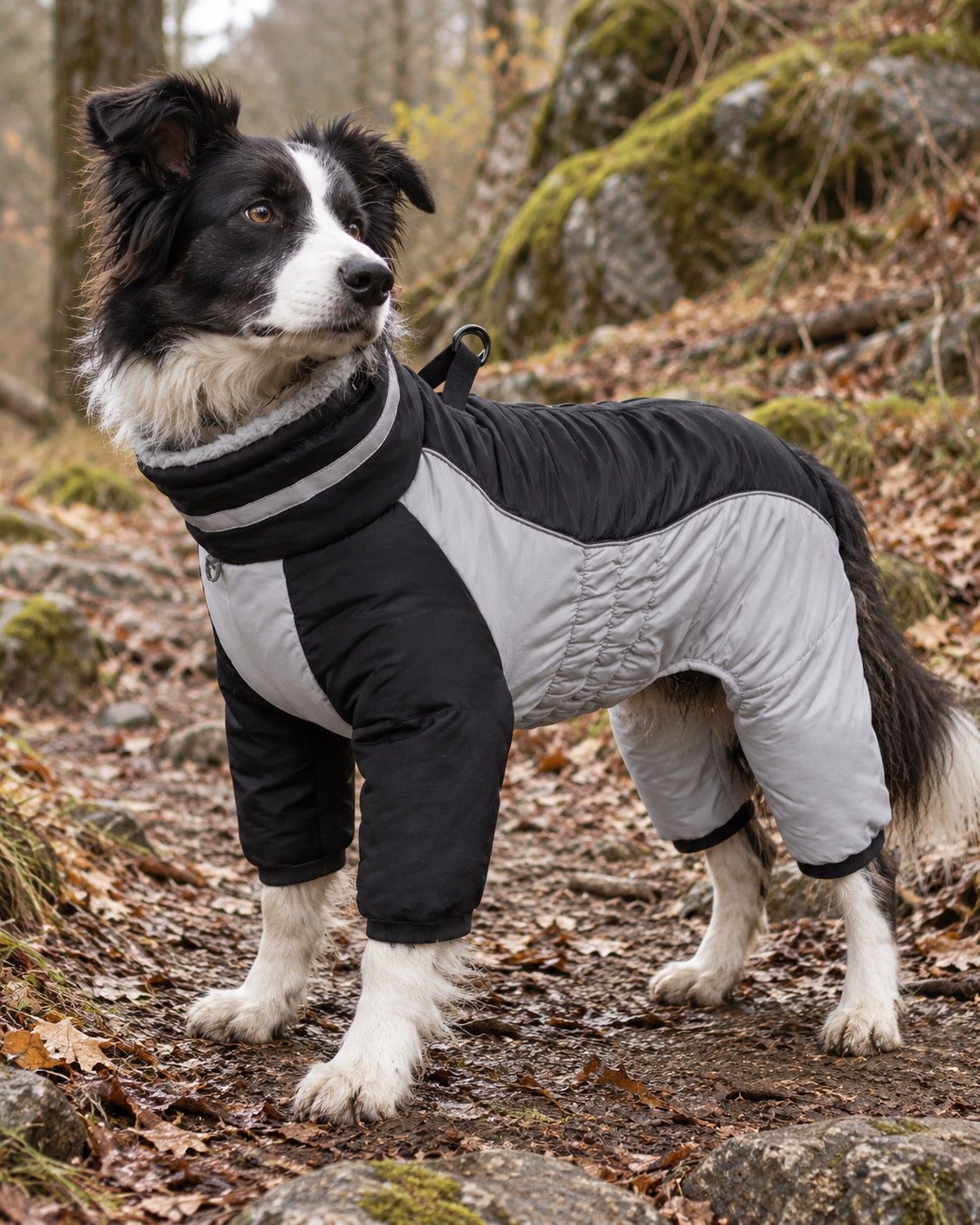 Combinaison polaire montagne pour chien avec harnais, Noir — en situation