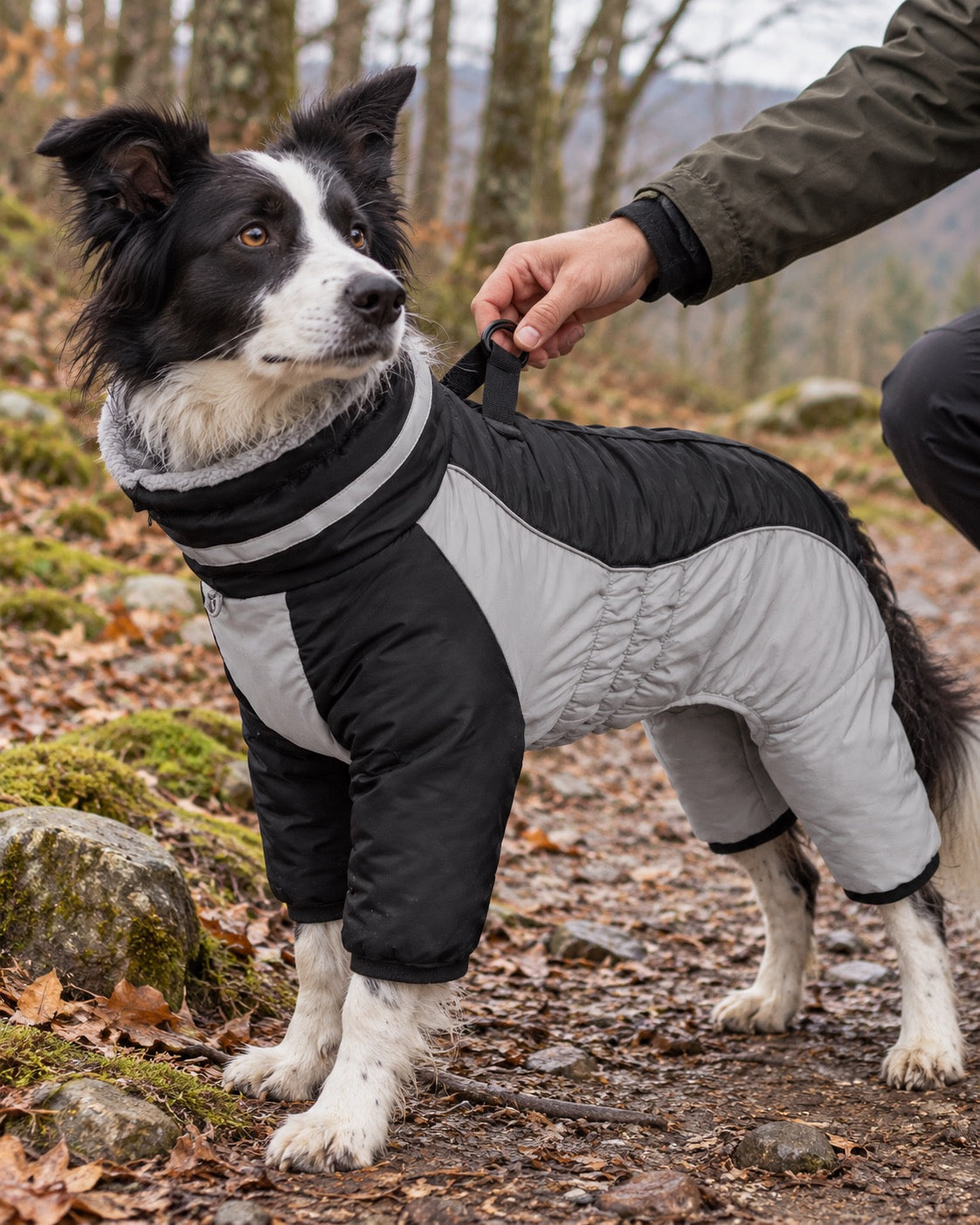 Combinaison polaire montagne pour chien avec harnais, Noir — moment de vie