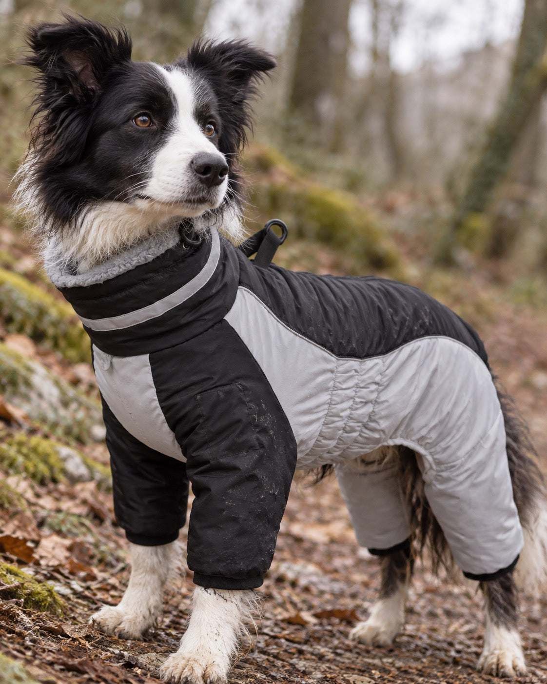 Combinaison polaire montagne pour chien avec harnais, Noir — vue rapprochée