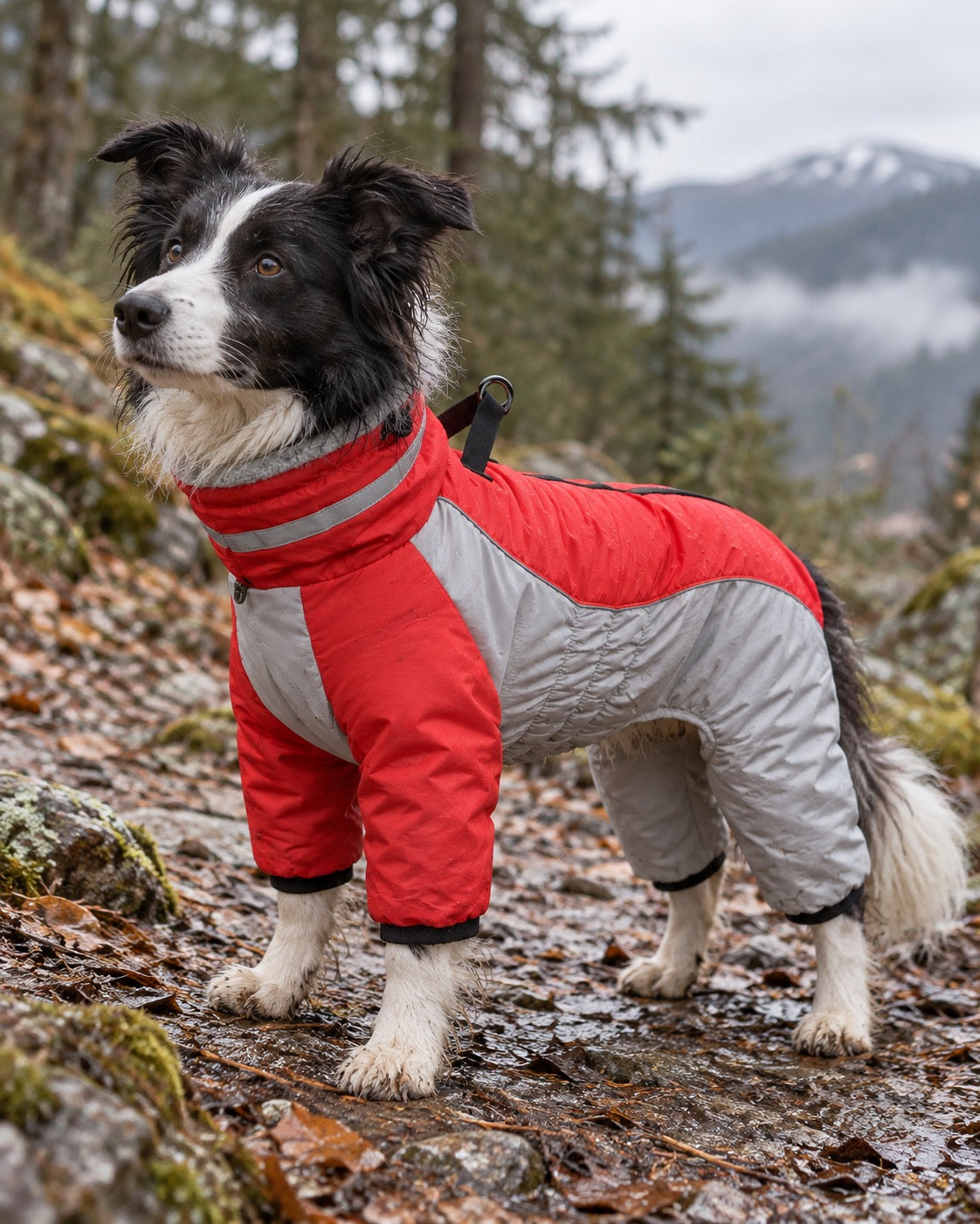 Combinaison polaire montagne pour chien avec harnais, Rouge — en situation