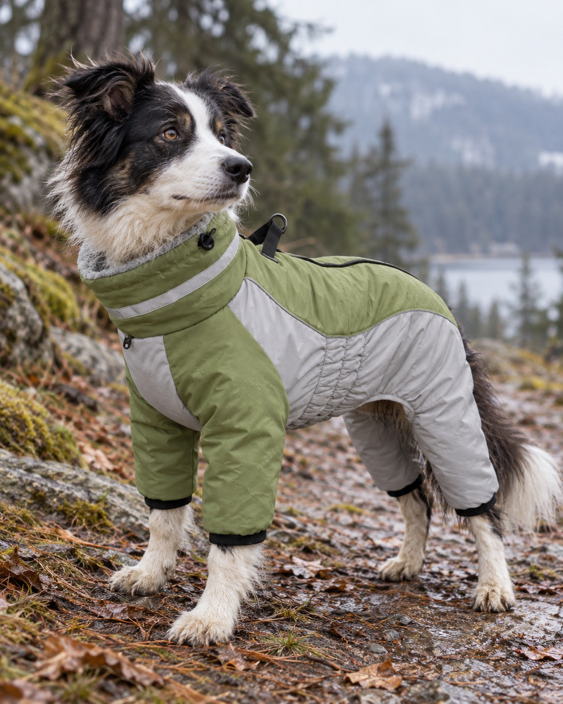 Combinaison polaire montagne pour chien avec harnais, Vert — en situation
