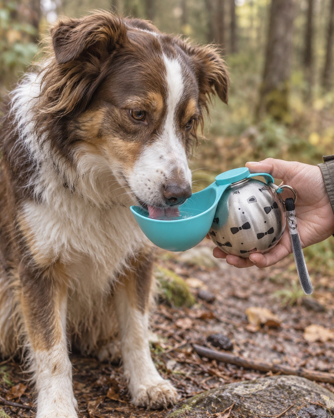 Gourde de voyage pour chien avec bol, Bleu — vue rapprochée
