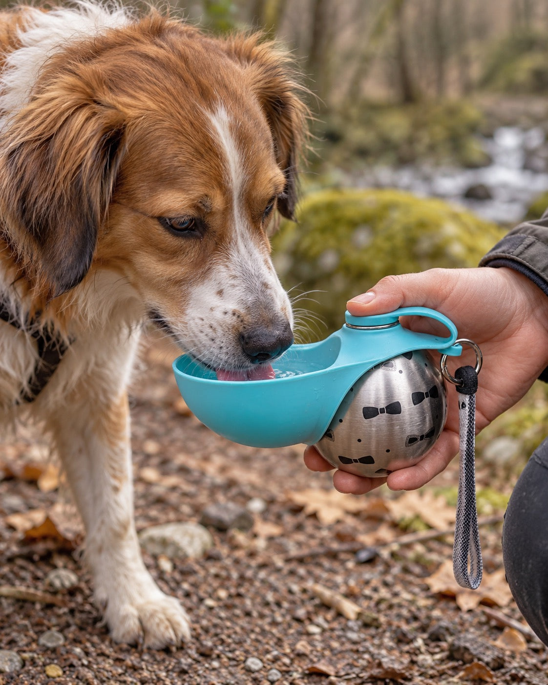 Gourde de voyage pour chien avec bol, Bleu — détails et finitions