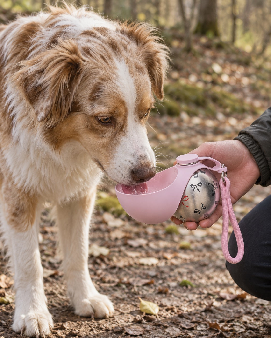Gourde de voyage pour chien avec bol, Rose — en situation