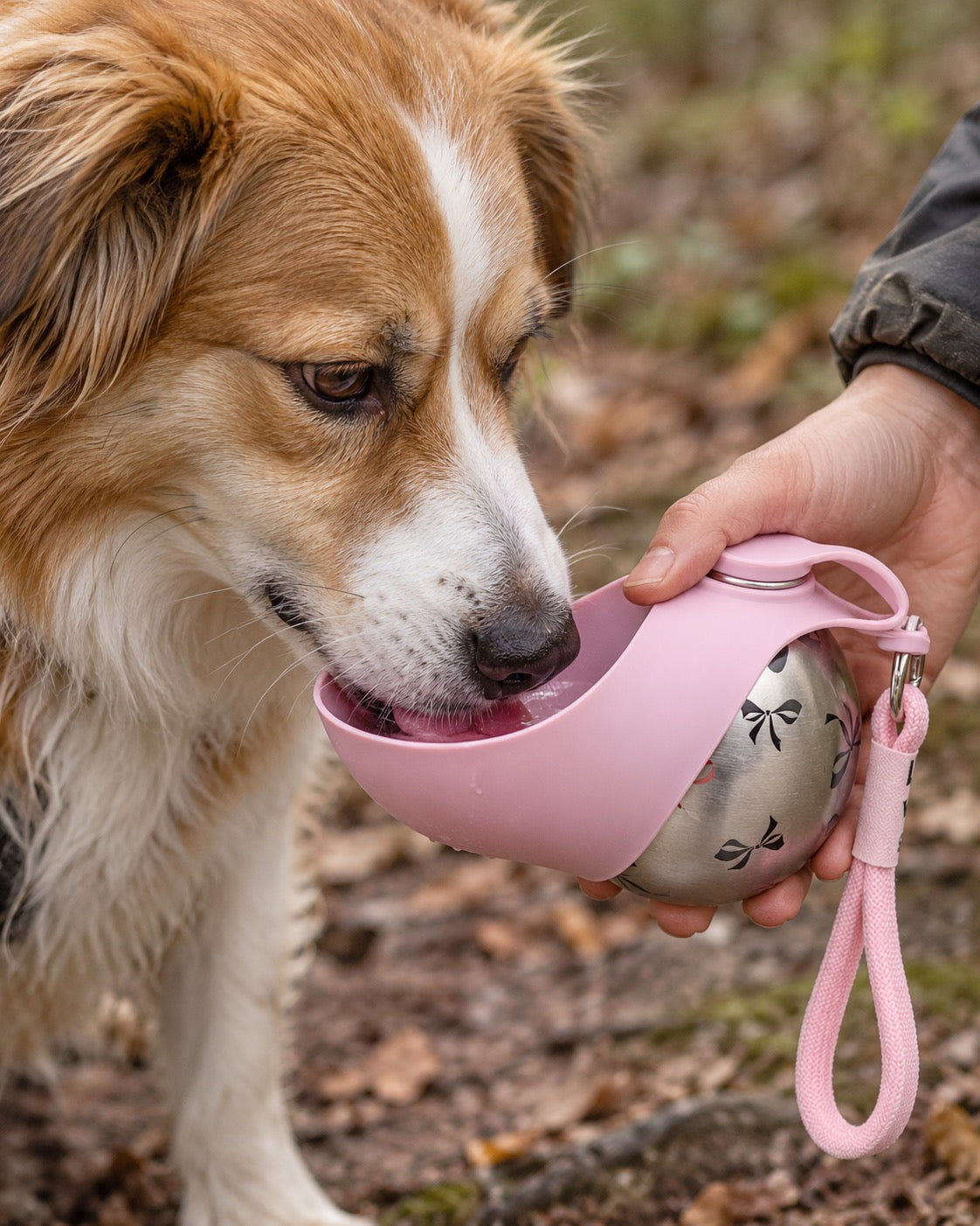 Gourde de voyage pour chien avec bol, Rose — détails et finitions
