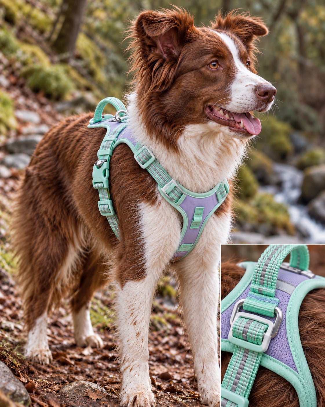 Harnais anti-traction — Sentier, Lilas pastel — détails et finitions. Taille présentée : M.