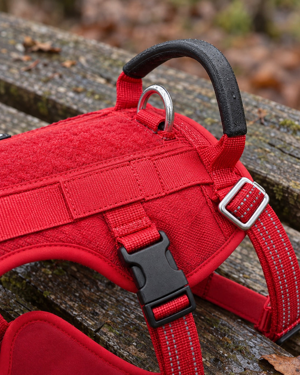 Harnais anti-traction rembourré, Rouge — détails et finitions. Taille présentée : L.