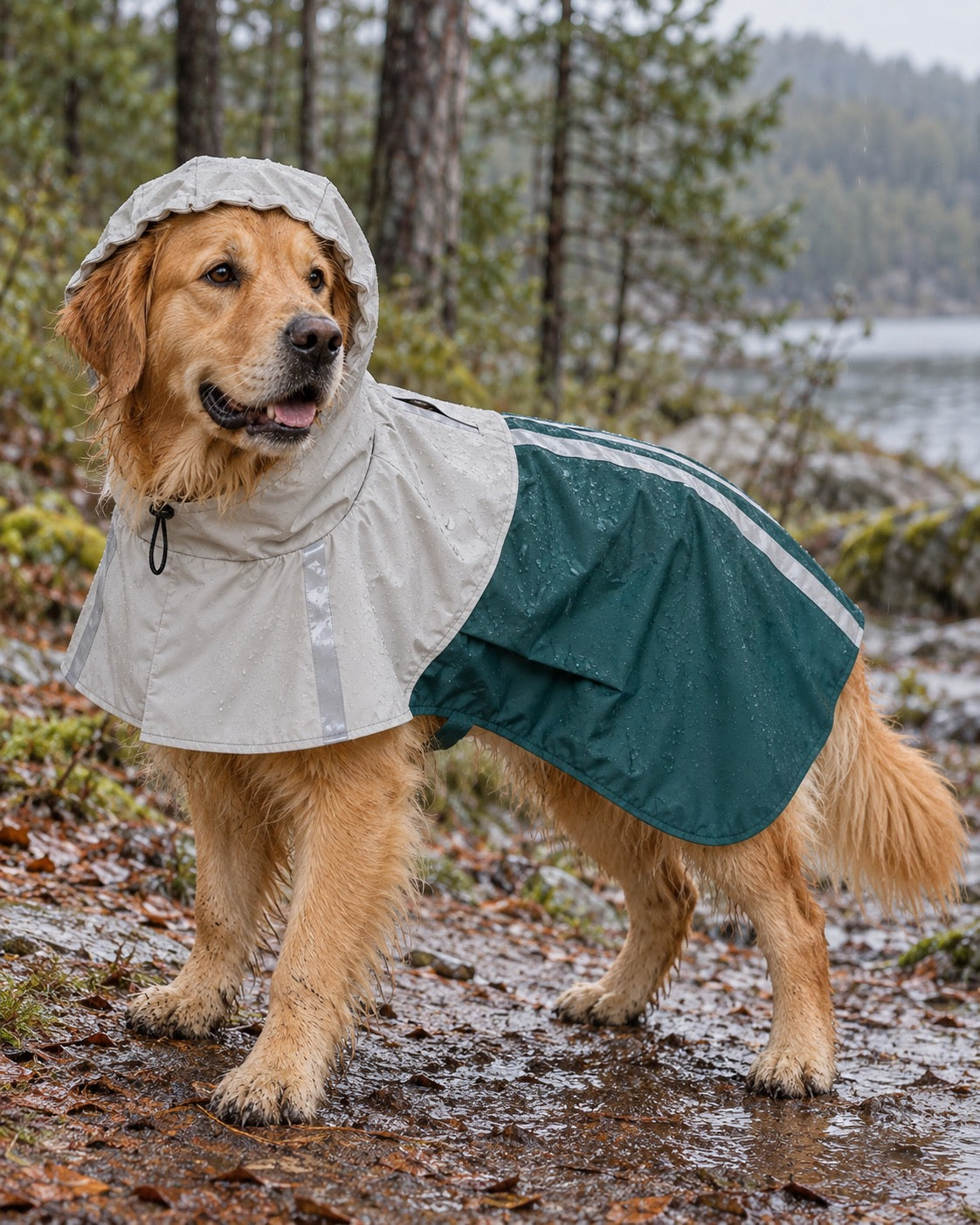 Imperméable à capuche pour chien, Modele unique — en situation