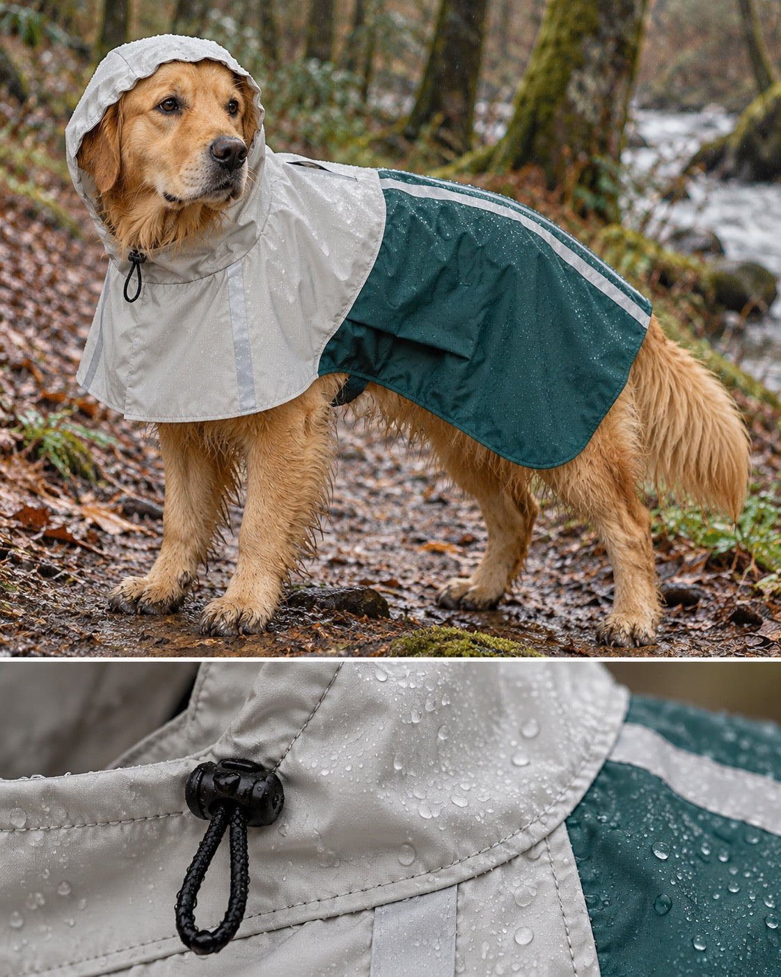 Imperméable à capuche pour chien, Modele unique — détails et finitions