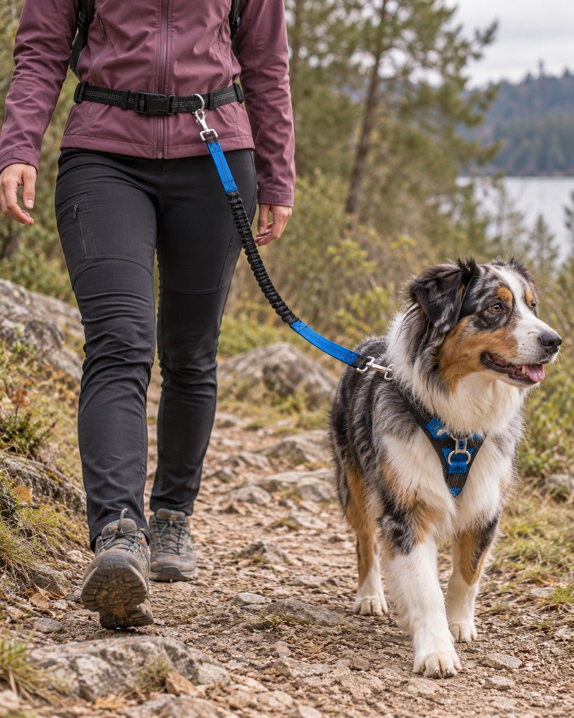 Laisse mains libres running et randonnée, Bleu — en situation