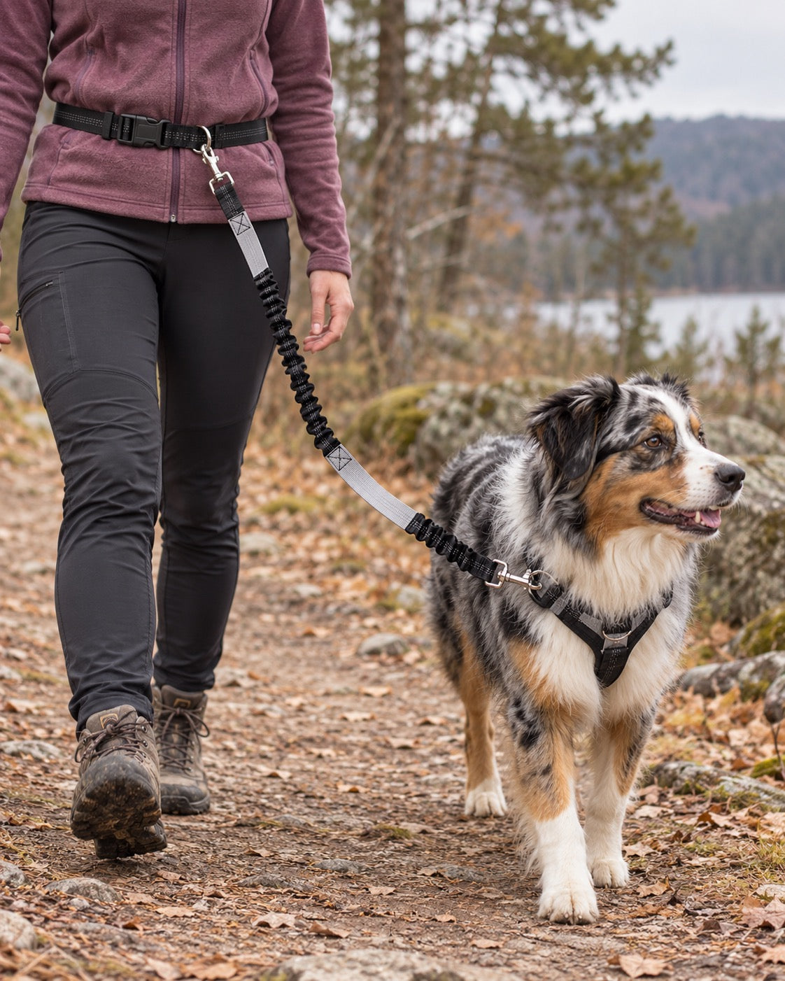 Laisse mains libres running et randonnée, Gris — en situation