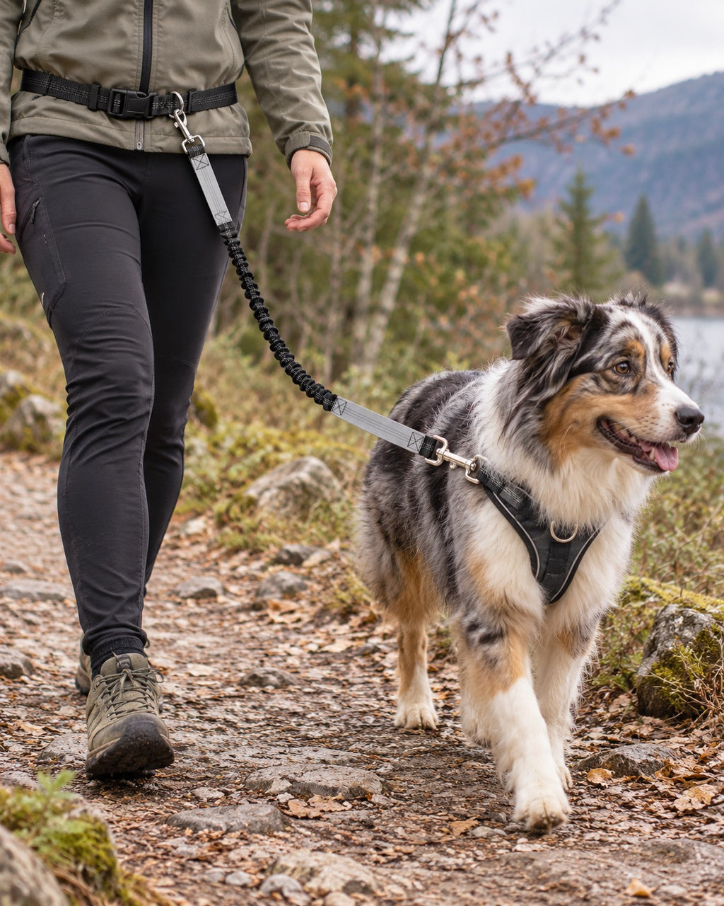 Laisse mains libres running et randonnée, Gris — moment de vie
