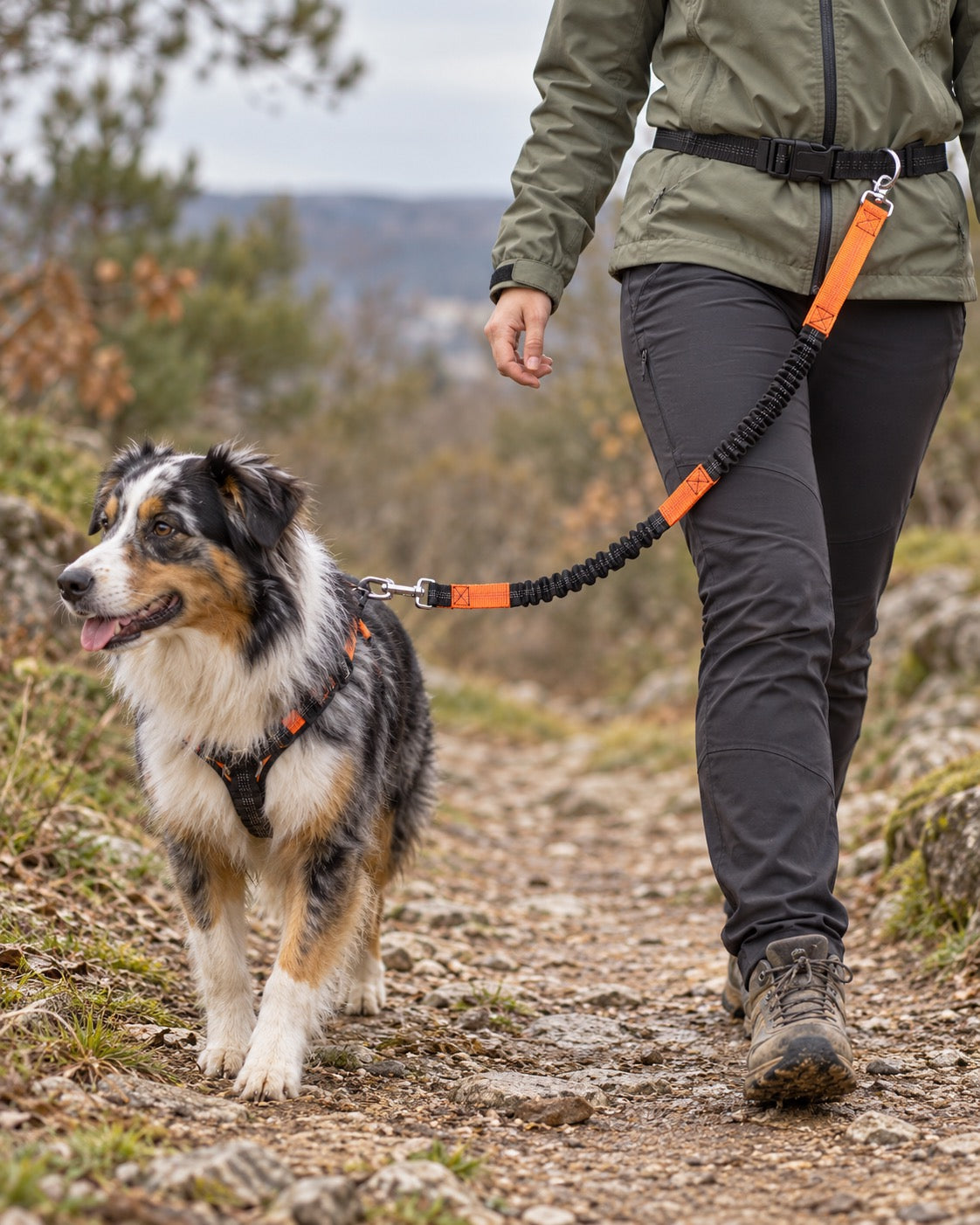 Laisse mains libres running et randonnée, Orange — moment de vie