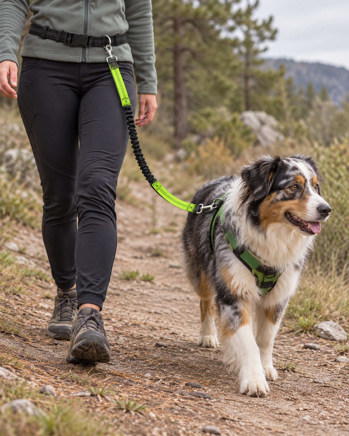 Laisse mains libres running et randonnée, Vert — en situation