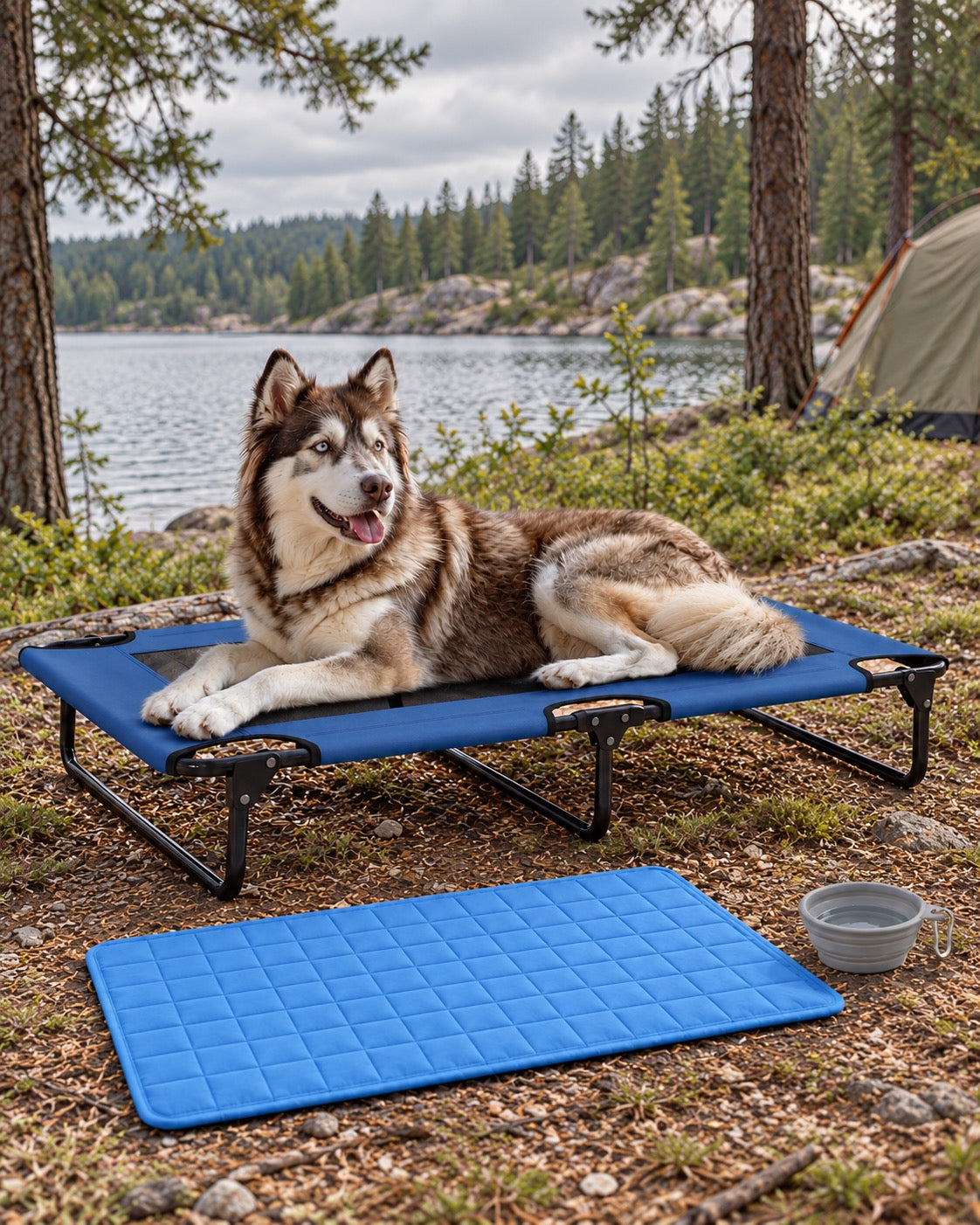 Pack Bivouac, Lit bleu — tapis bleu carreaux 50x70 cm — gamelle grise — vue rapprochée