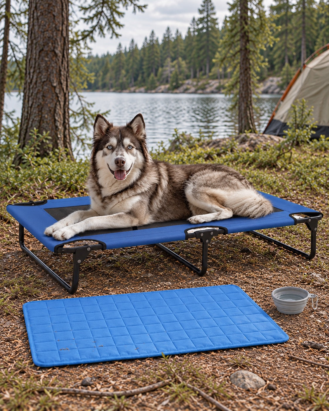 Pack Bivouac, Lit bleu — tapis bleu carreaux 50x70 cm — gamelle grise — vue d’ensemble