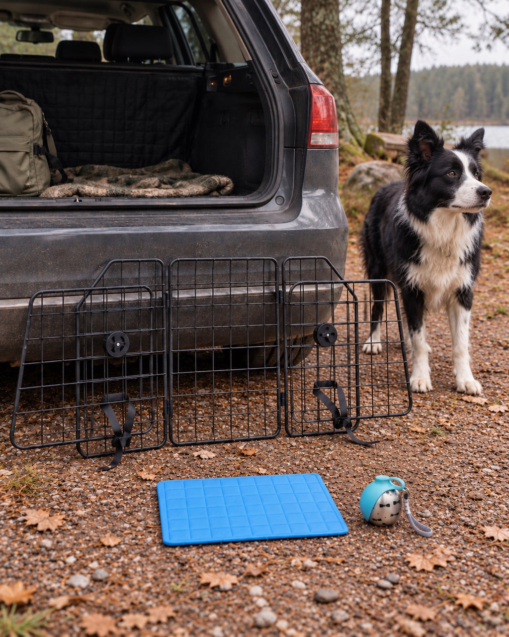 Pack Road Trip, Gourde bleue — tapis bleu carreaux 40x30 cm — vue rapprochée