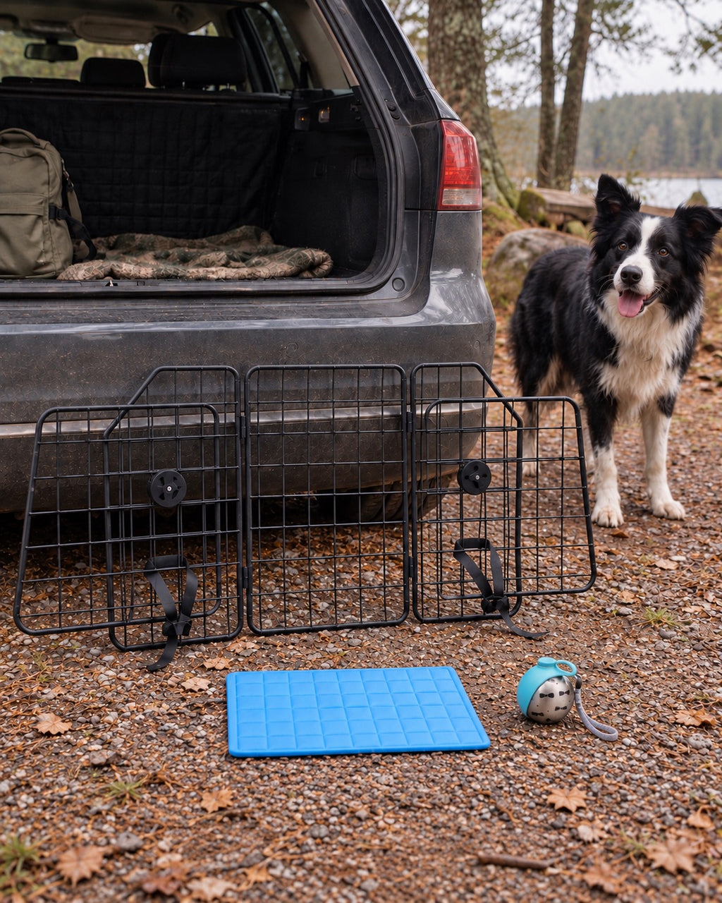 Pack Road Trip, Gourde bleue — tapis bleu carreaux 40x30 cm — vue d’ensemble
