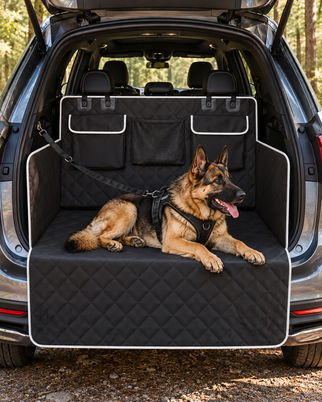 Protection de coffre pour chien avec deux poches, Noir — en situation