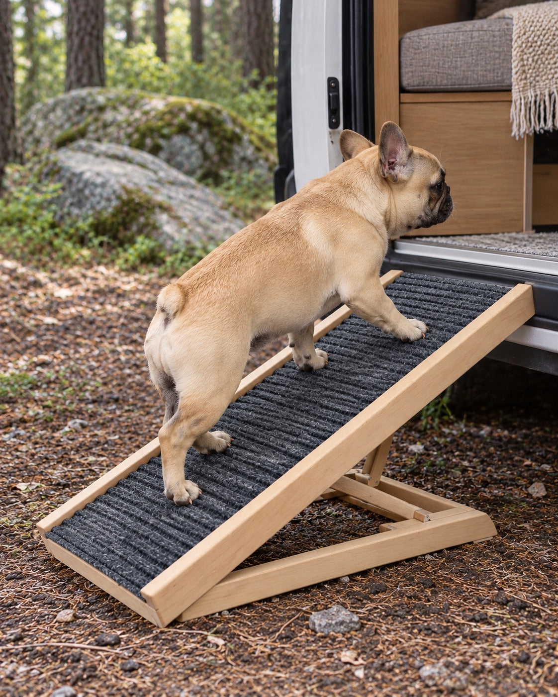 Rampe pour chien en bois massif réglable 70 cm, Modele unique — en situation. Taille présentée : 70 cm.