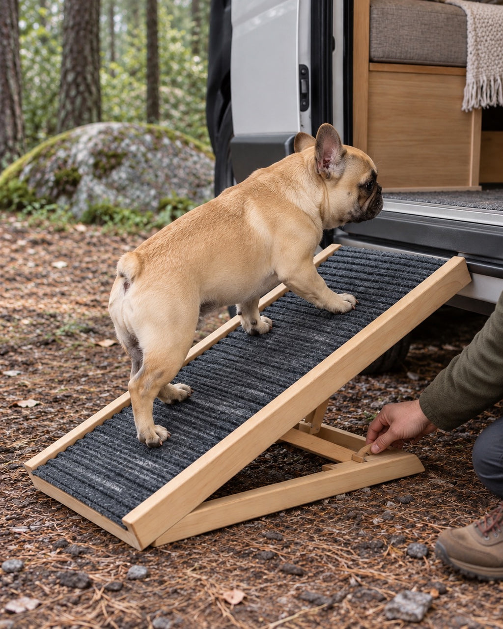 Rampe pour chien en bois massif réglable 70 cm, Modele unique — moment de vie. Taille présentée : 70 cm.