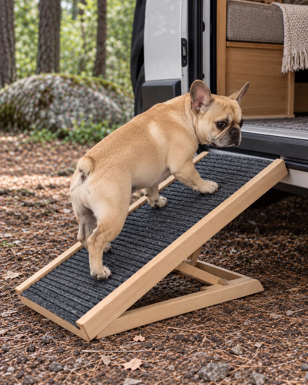 Rampe pour chien en bois massif réglable 70 cm, Modele unique — vue rapprochée. Taille présentée : 70 cm.