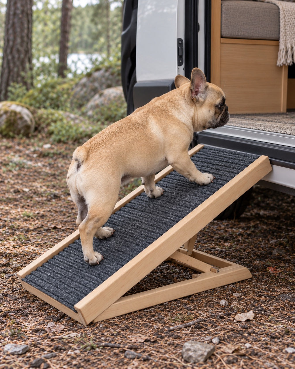 Rampe pour chien en bois massif réglable 70 cm, Modele unique — vue d’ensemble. Taille présentée : 70 cm.
