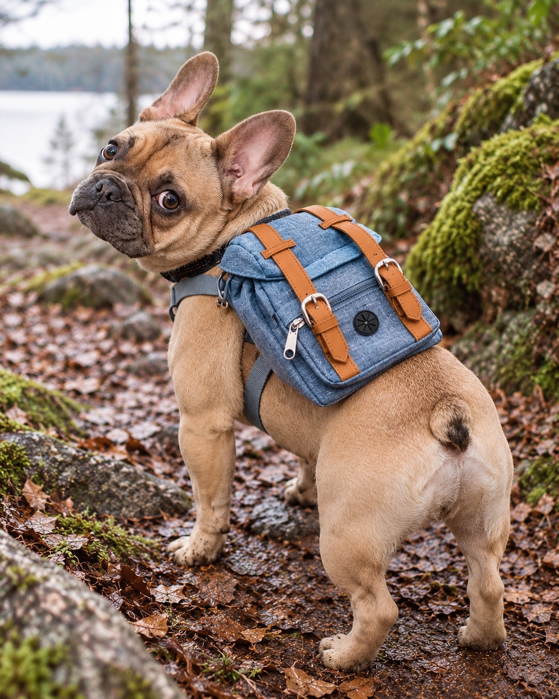 Sac à dos de randonnée pour chien, Bleu — en situation. Taille présentée : gabarit source.