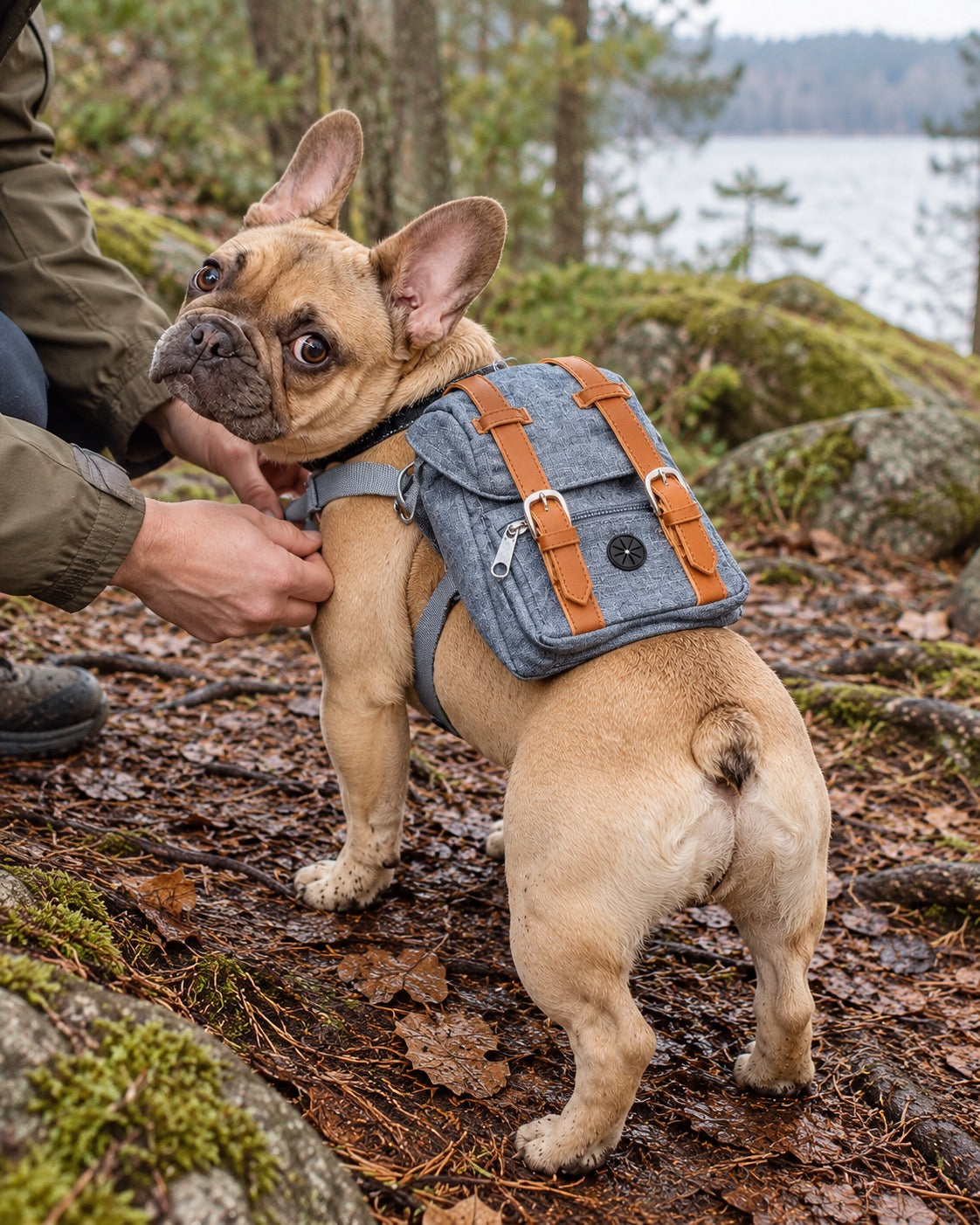 Sac à dos de randonnée pour chien, Bleu — moment de vie. Taille présentée : gabarit source.
