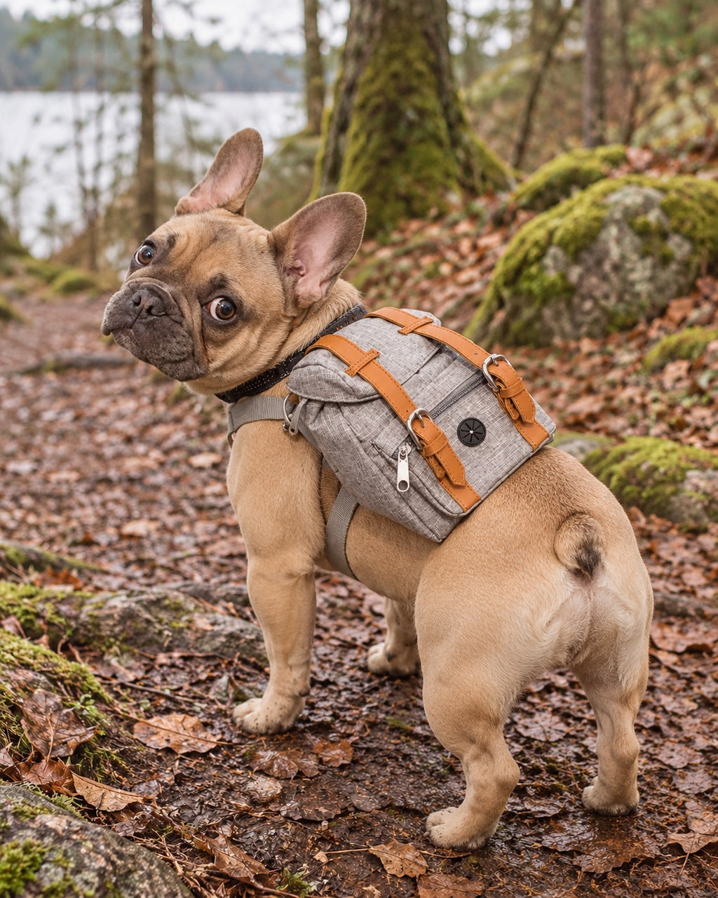 Sac à dos de randonnée pour chien, Gris — en situation