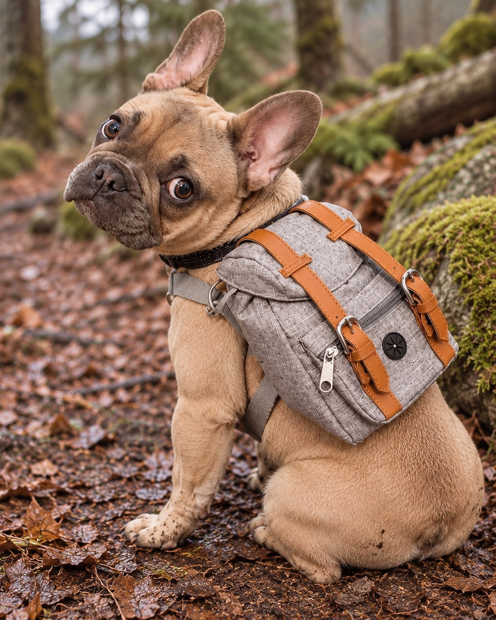 Sac à dos de randonnée pour chien, Gris — vue rapprochée. Taille présentée : gabarit source.