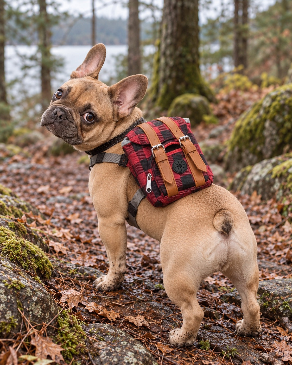 Sac à dos de randonnée pour chien, Rouge — en situation. Taille présentée : gabarit source.