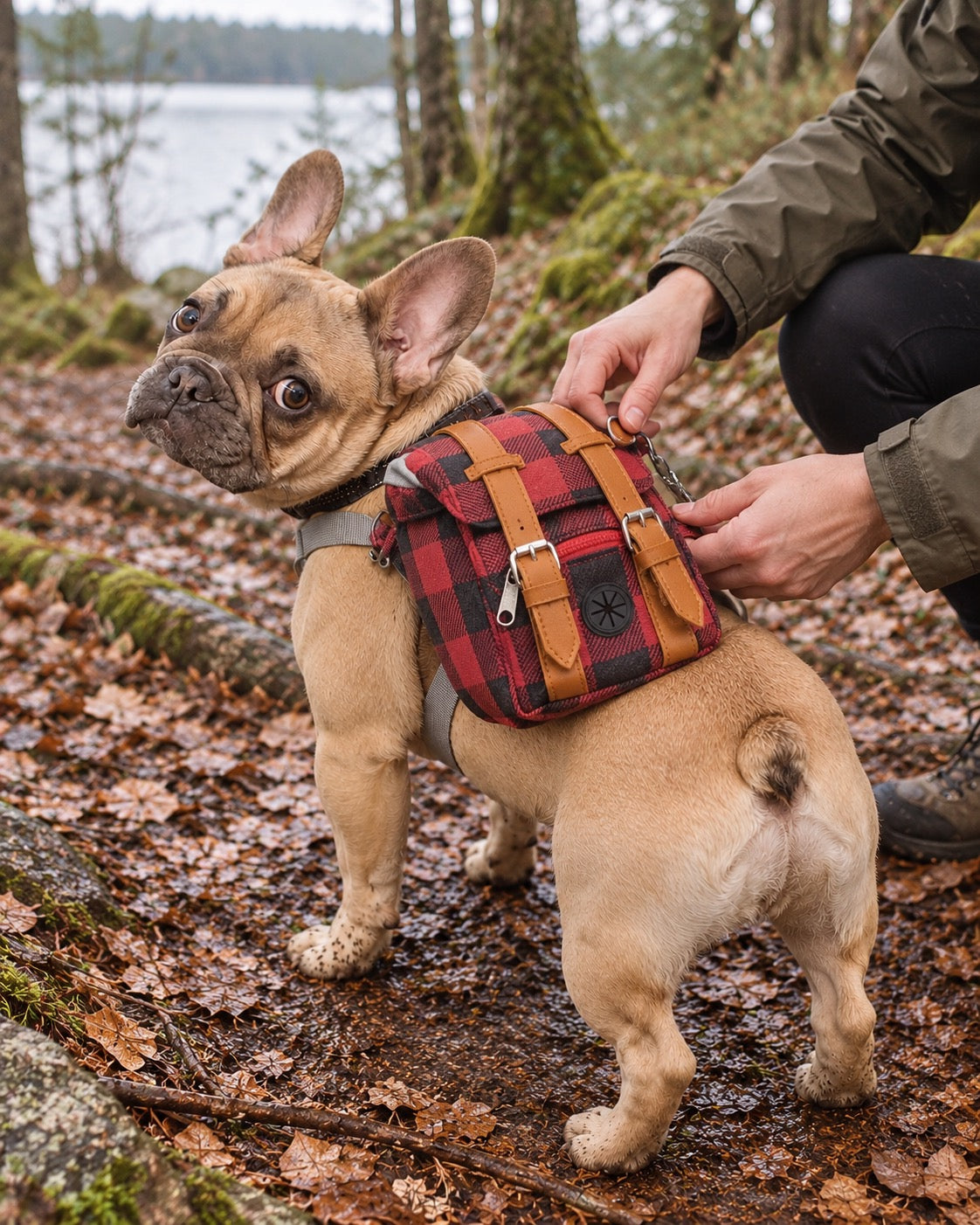 Sac à dos de randonnée pour chien, Rouge — moment de vie. Taille présentée : gabarit source.