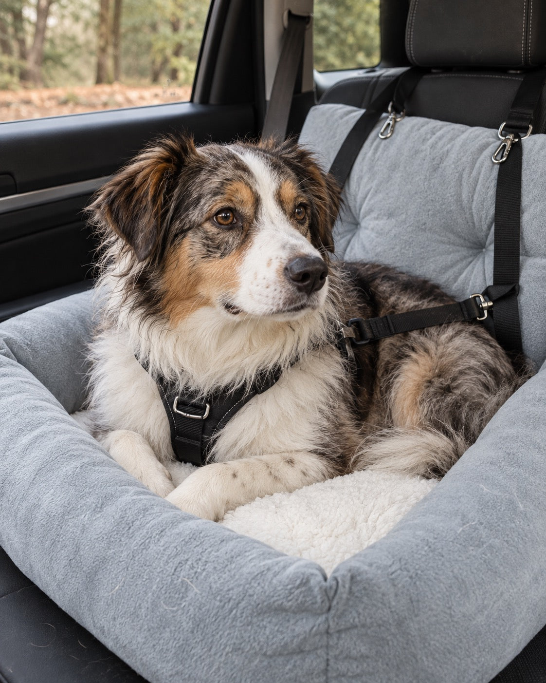 Panier de voiture en peluche pour chien, gris, taille L — portrait