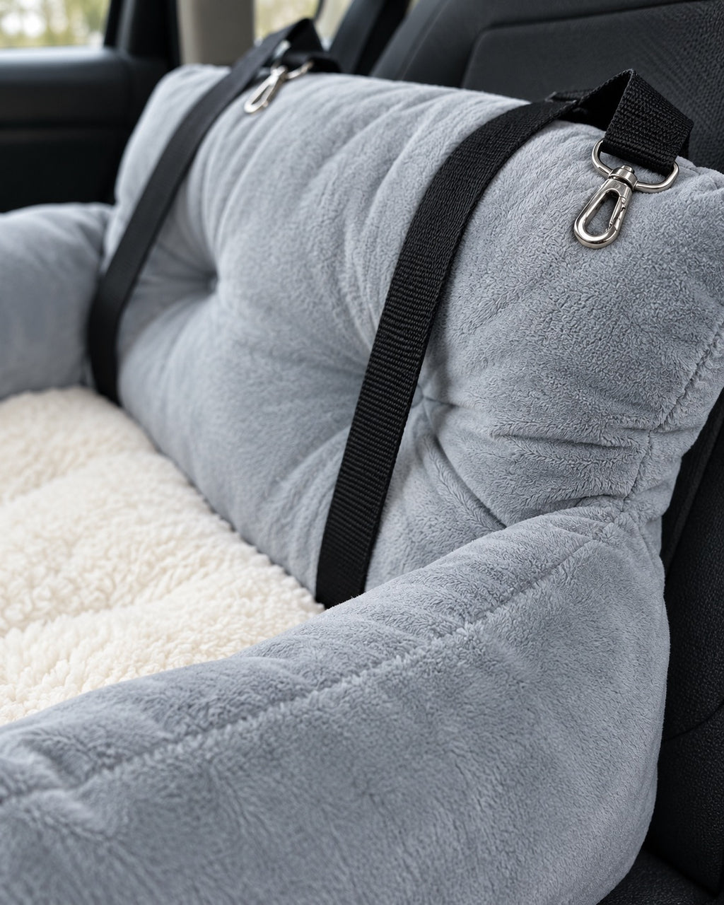 Panier de voiture en peluche pour chien, gris, taille L — details