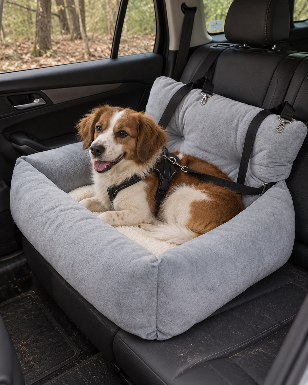 Panier de voiture en peluche pour chien, gris, taille L — echelle