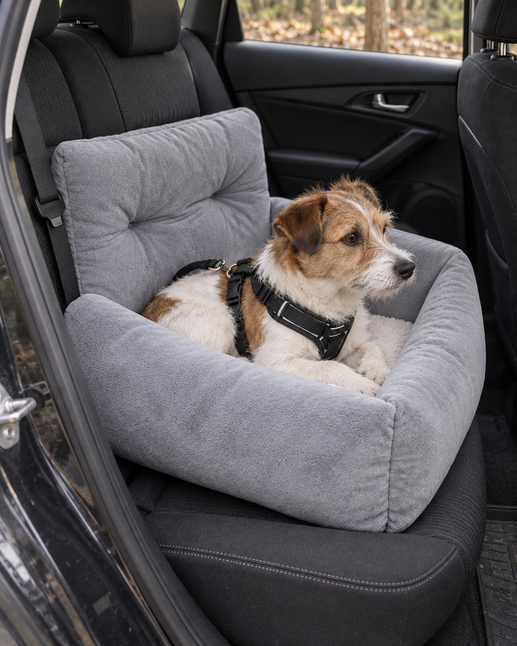 Panier de voiture en peluche pour chien, gris, taille M — situation