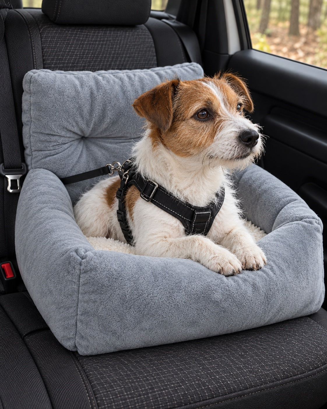 Panier de voiture en peluche pour chien, gris, taille M — portrait